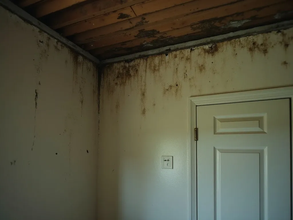 Mold and water staining on the ceiling and wall inside a closet directly below an attic air-handler unit.
