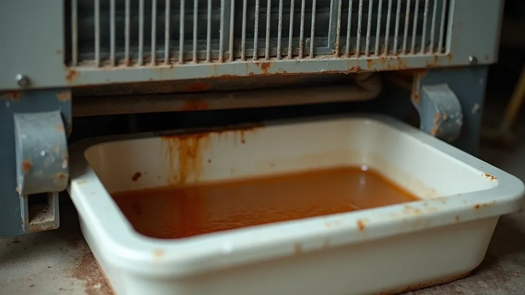 Close-up of a rusted HVAC condensate drain pan with standing water inside a closet air handler, dust and corrosion visible on the metal, dim available light.
