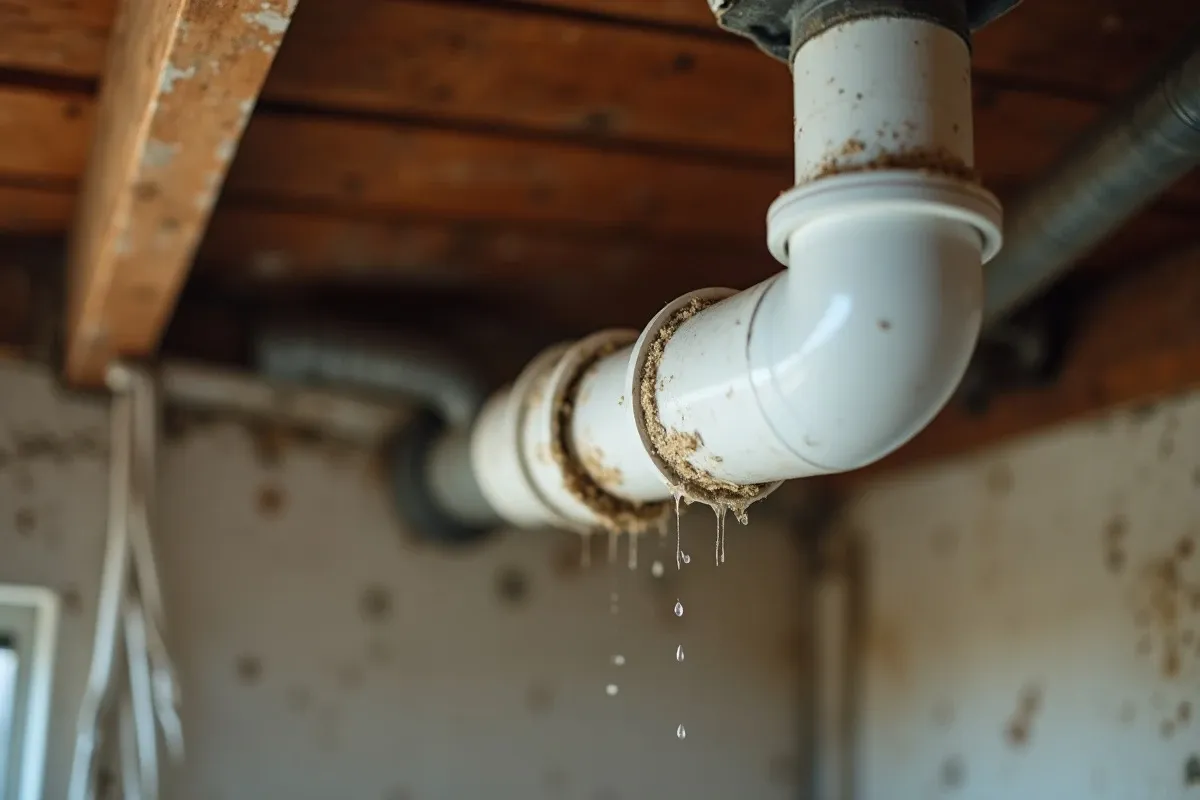 Close-up of residential AC condensate drain line with dust and algae residue, a drip stain visible below on the ceiling, indoor HVAC scene