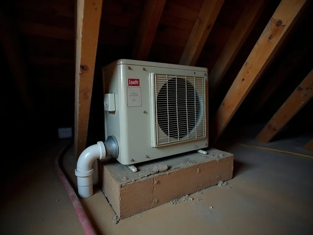 Attic AC air handler unit mounted on a platform with a PVC condensate drain line running from the unit, dark dusty attic rafters overhead, close-up detail of the drain connection.