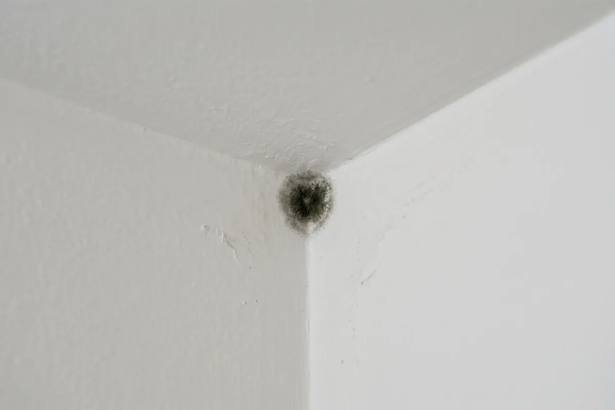 Close-up macro view of a small dark fuzzy mold spot in a drywall corner, showing a dark center with a lighter fuzzy halo of aerial hyphae at the edges, early-stage growth