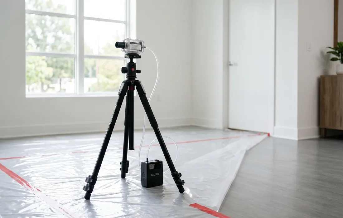 Air sampling cassette on a tripod in a clean bright room with no visible mold, natural daylight from a window, no instrument readouts or screens visible
