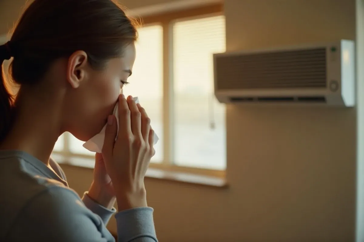 Person sitting near an air conditioning wall vent in a Phoenix-style interior, holding a tissue, afternoon light through window blinds, partial view with no identifying face
