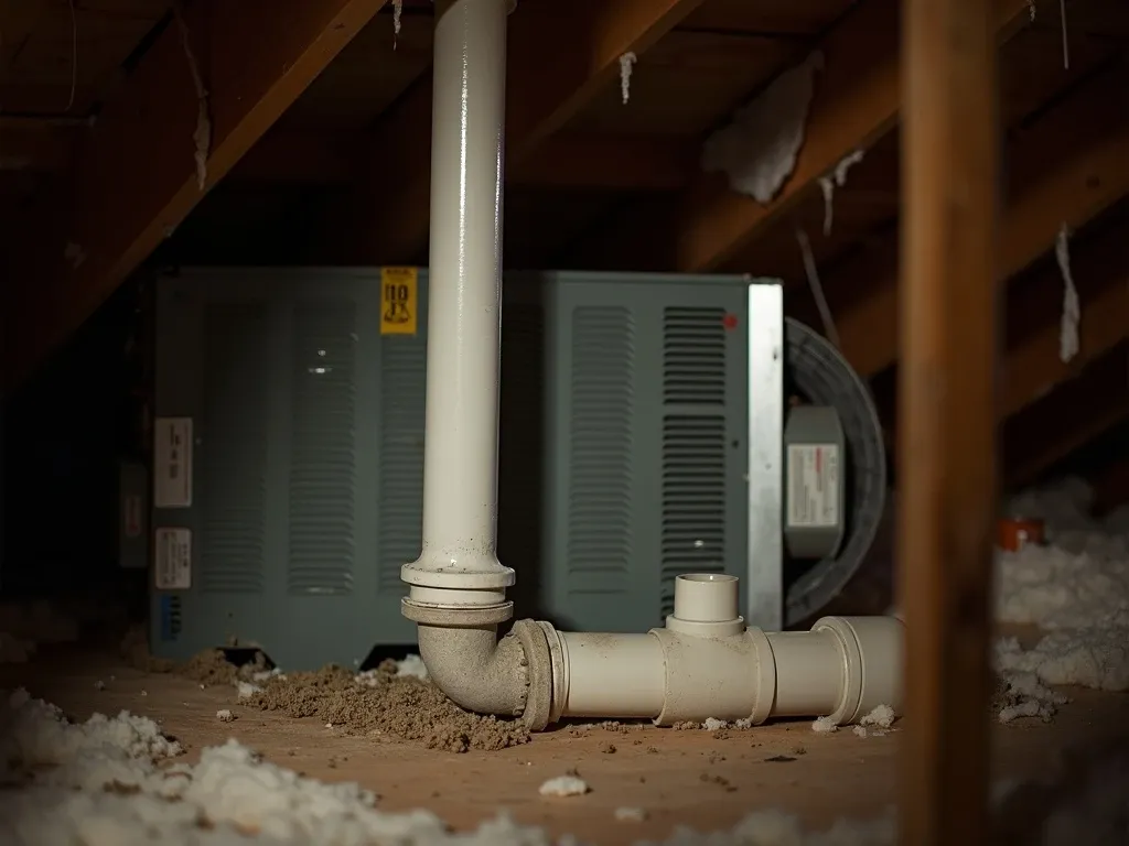 A residential attic air handler in Phoenix with a white PVC condensate drain line and a metal drip pan, dust and insulation around it.