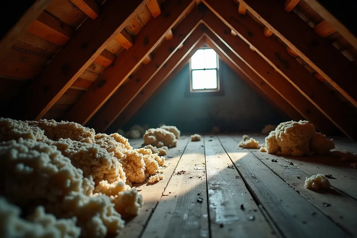 Dark cramped Phoenix attic interior with wooden rafters, blown insulation, and mold visible on roof decking, no sunlight penetrates this space