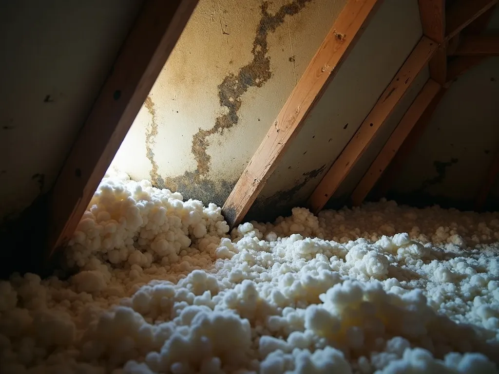 Water-stained ceiling drywall with dark mold seen from inside an attic after a roof leak, with damp insulation pulled back.