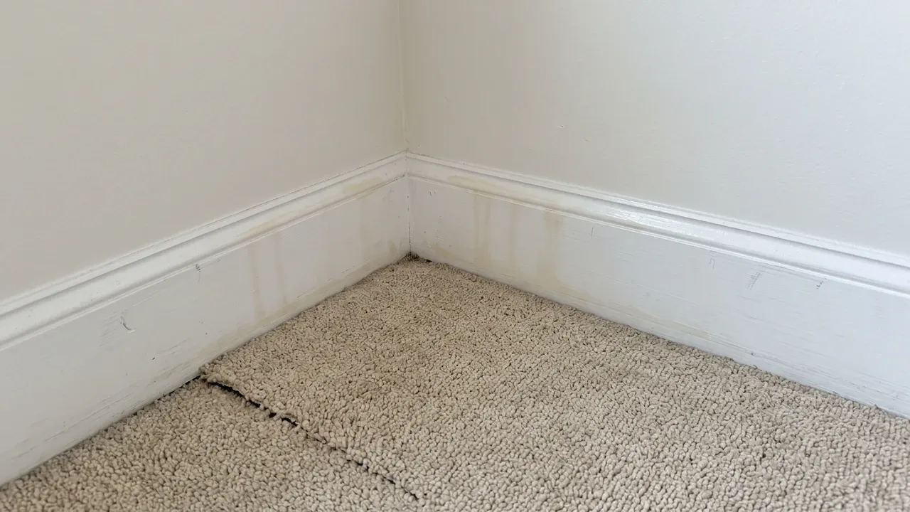 A white baseboard in a bedroom corner with light tan staining along the lower edge above the carpet