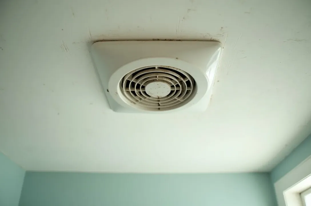 A white plastic ceiling exhaust fan vent seen from directly below in a residential bathroom, with dust on the louvered grille and light staining and discoloration on the surrounding painted drywall ceiling.