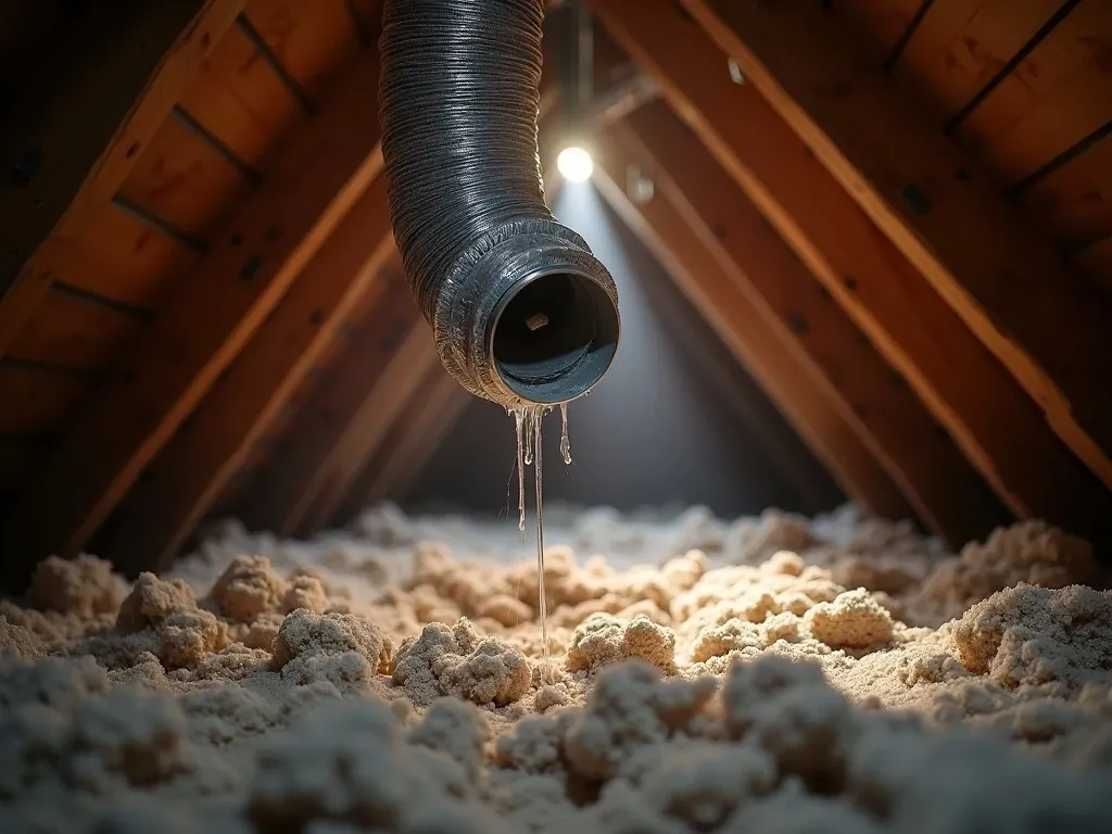 Flexible duct hose disconnected and hanging loose in an attic interior, the open end blowing air into the attic space instead of exiting through a roof vent, dusty insulation below and wooden rafters overhead.