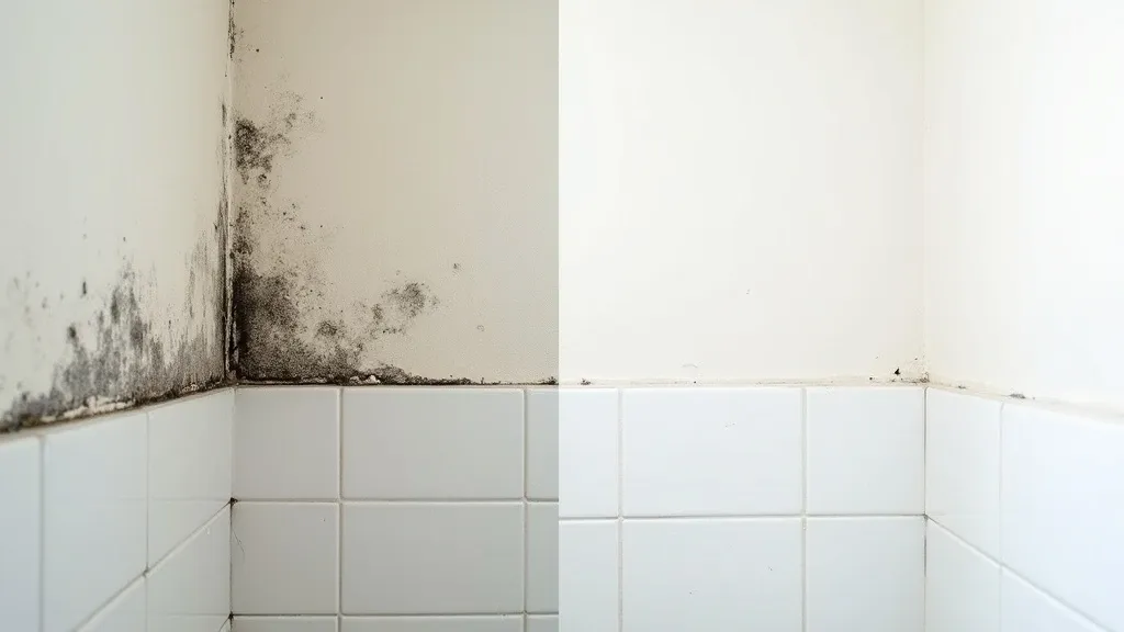 A bathroom wall corner shown before and after mold remediation — heavy black mold and staining on the left, cleaned and repainted white on the right.