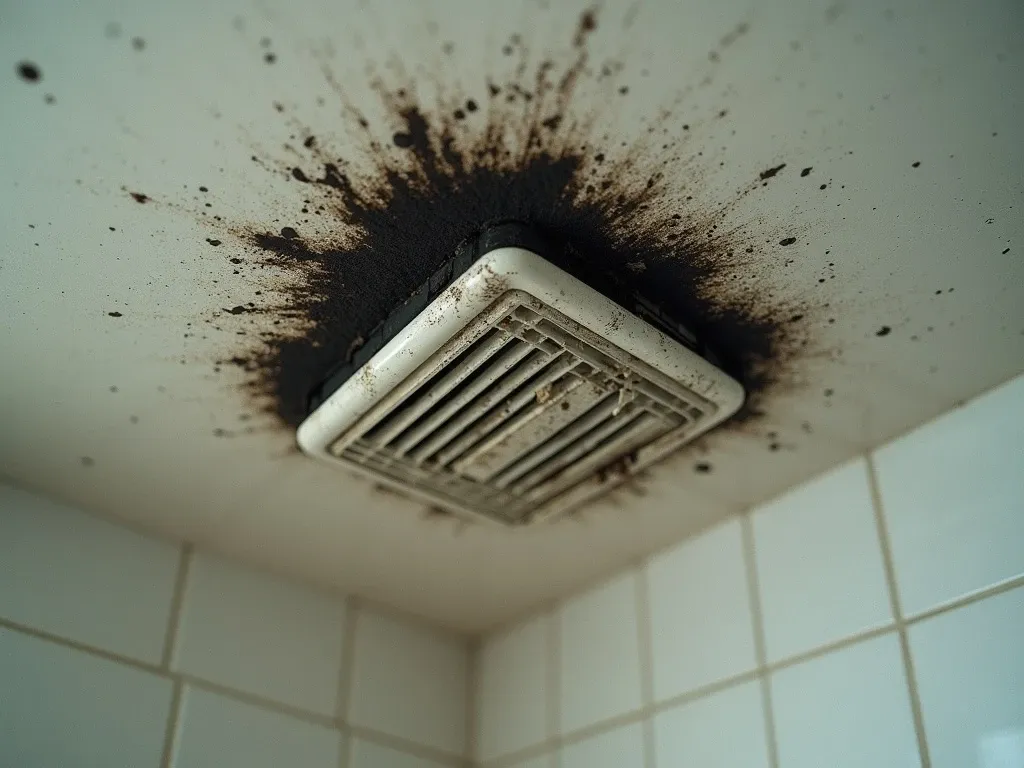 Black mold spreading across a bathroom ceiling around an exhaust fan vent.