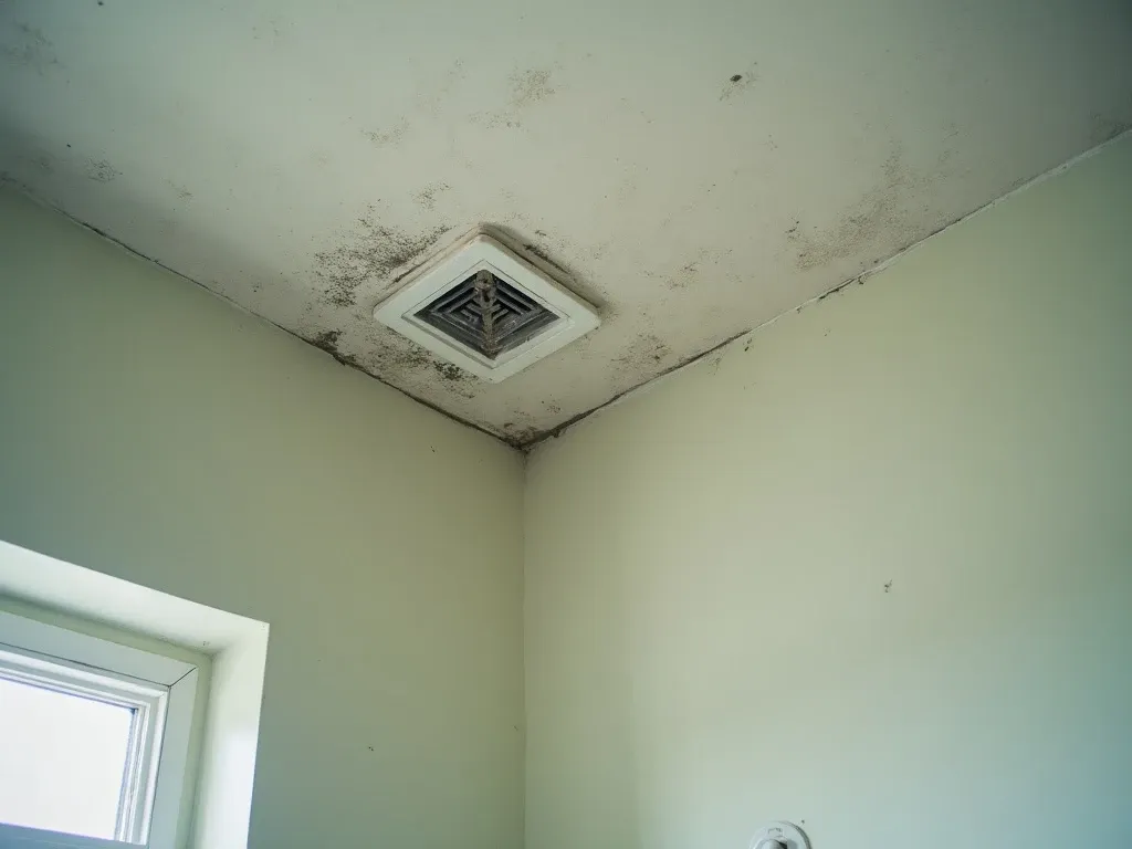 Bathroom ceiling corner above a shower with gray-black spotting spreading around an exhaust vent, paint slightly discolored, soft diffuse light from below.