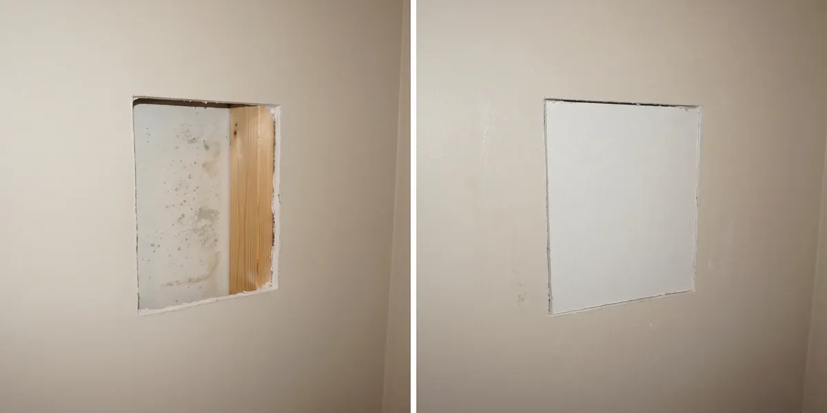Drywall repair before and after: left side shows a rectangular cutout opening in a wall revealing dark mold-stained gypsum inside the cavity, right side shows the same area with fresh new drywall installed neatly, clean interior surface, instructional view.