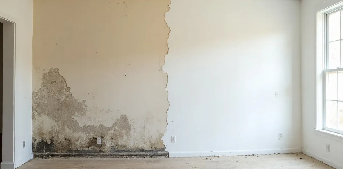 Split-screen before and after of a wall section, left shows water-damaged drywall with mold staining, right shows repaired and repainted clean white drywall, same angle and room fixtures