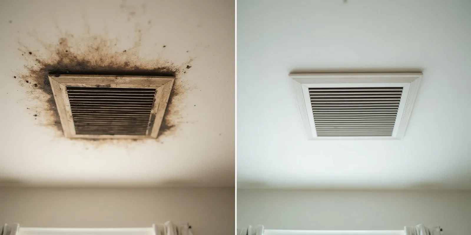 Split-screen before and after of the same ceiling area around an air conditioning vent: left shows mold staining and discoloration on the ceiling and vent louvers, right shows clean repaired ceiling with fresh vent cover, identical angle and lighting
