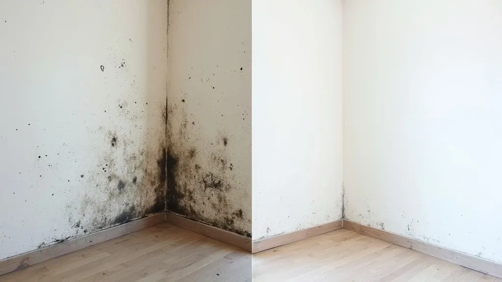 A wall corner with black mold shown before and after — moldy and water-stained on the left, cleaned and repainted white on the right.