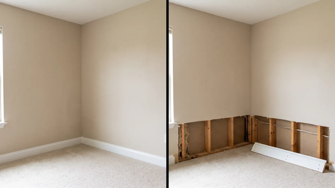 Split-screen of the same room corner, left intact with the baseboard on, right with the lower band of drywall removed and the cavity and wiring open