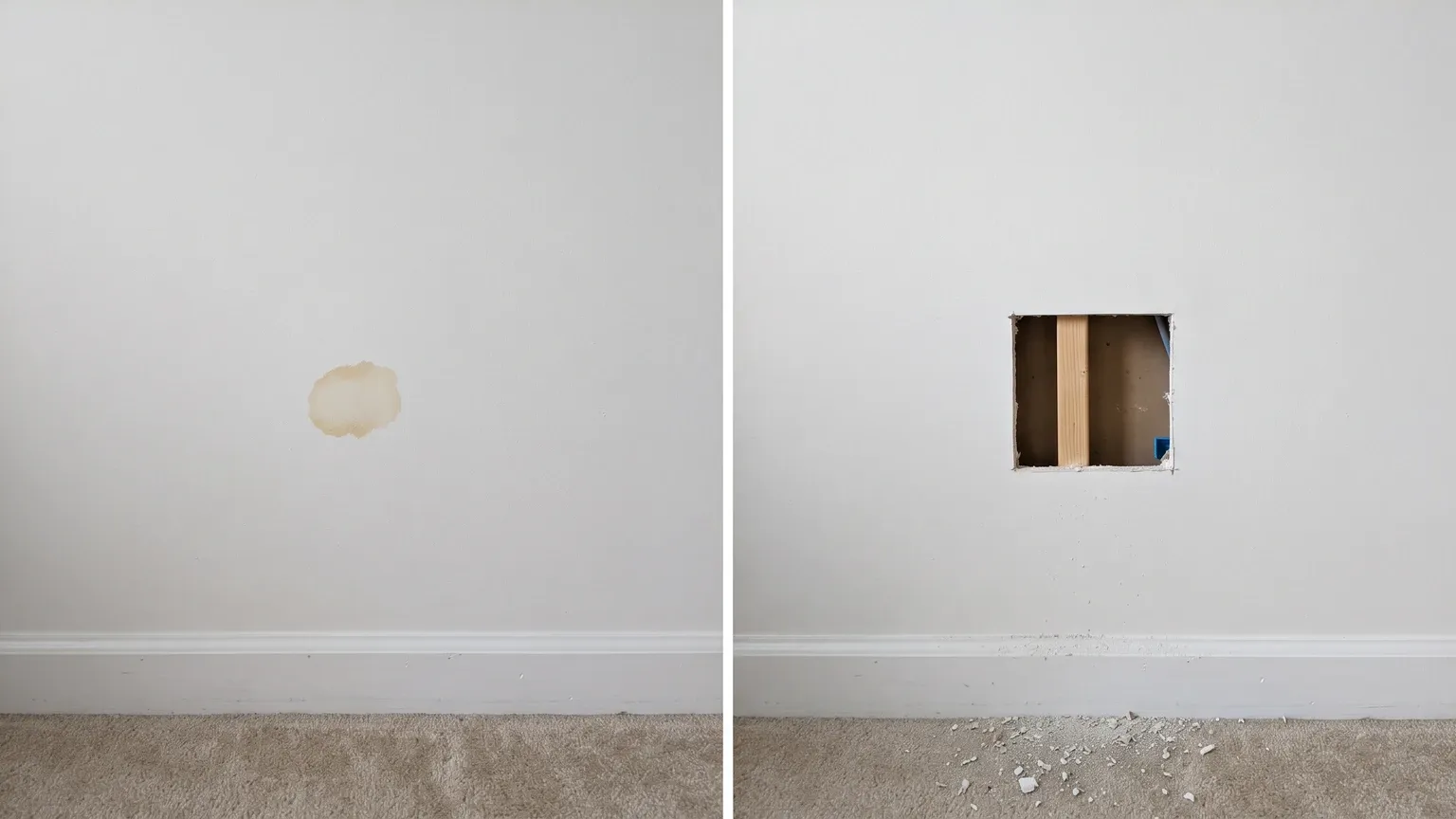 Split-screen: on the left, a small dried tan water stain on a drywall wall; on the right, a square section of drywall cut out to the studs and cavity behind it, with drywall crumbs on the carpet below