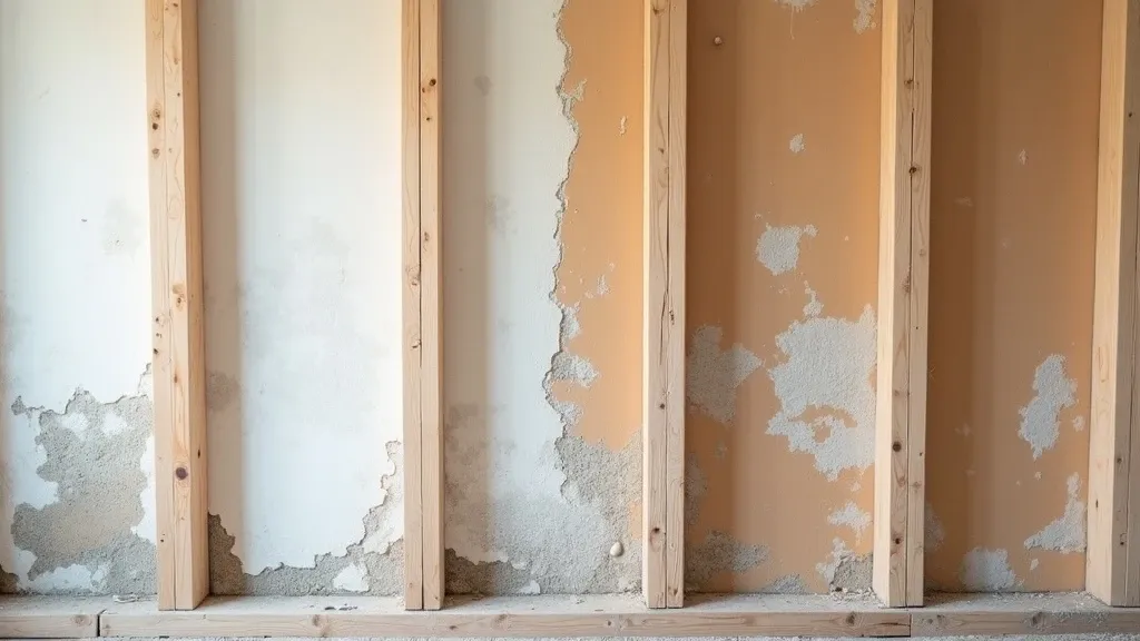 A wood-framed wall with white mold shown before and after — fuzzy white growth on the framing on the left, cleaned and treated dry on the right.