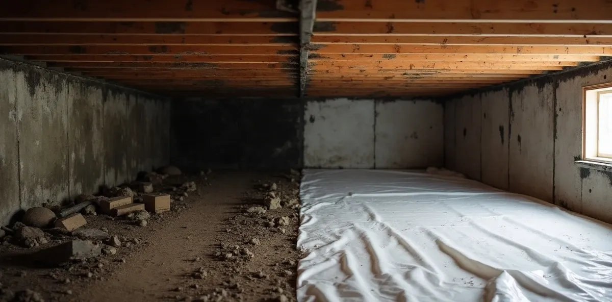 Crawl space before and after remediation: left side shows dark mold-stained wood joists and old debris on a dirt floor, right side shows the same crawl space cleaned with fresh vapor barrier installed on the floor and clean joists above, same angle and framing.