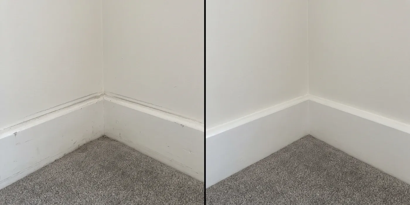 Split-screen before and after of the same closet baseboard corner, left side shows a faint thin grey line along the seam, right side shows the identical corner clean and dry with no line