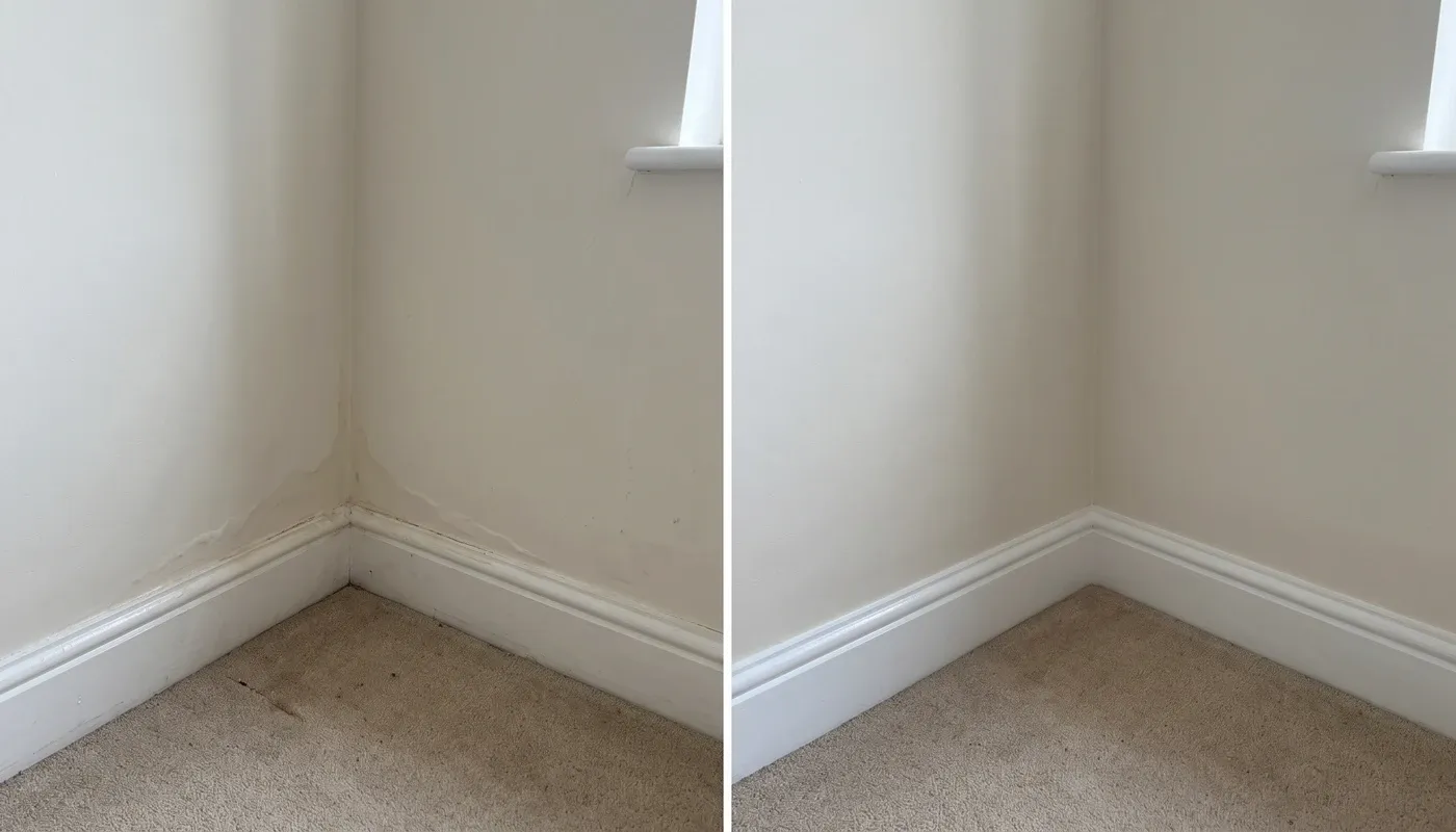 Split-screen of the same baseboard corner, left side damp with light staining, right side the same spot opened up and dry after the leak was repaired