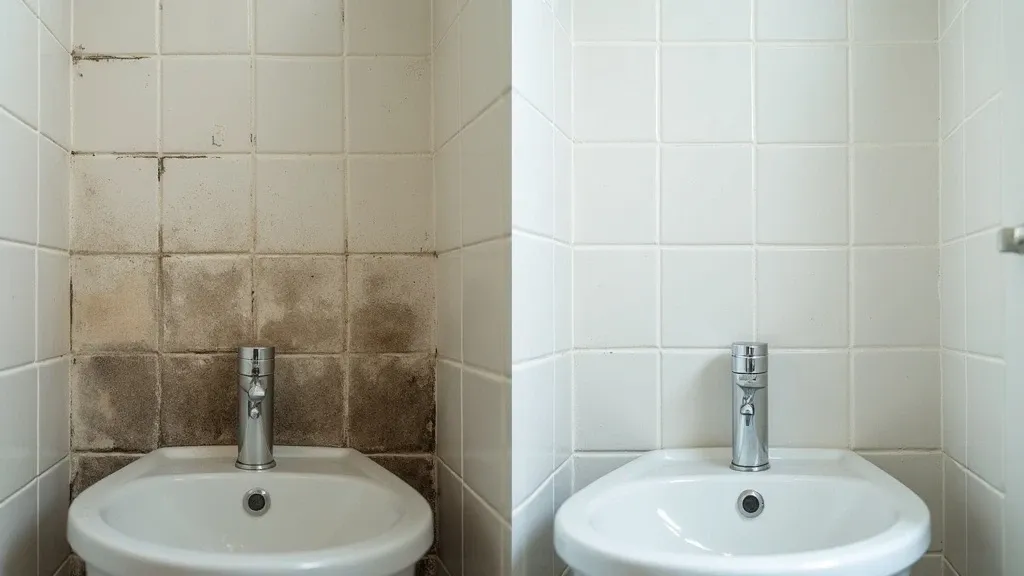 Split-screen before and after of a bathroom wall section, left side shows heavy dark mold staining and water damage on tile and grout, right side shows the same wall area after thorough cleaning with clean white grout and tile, identical angle and fixtures