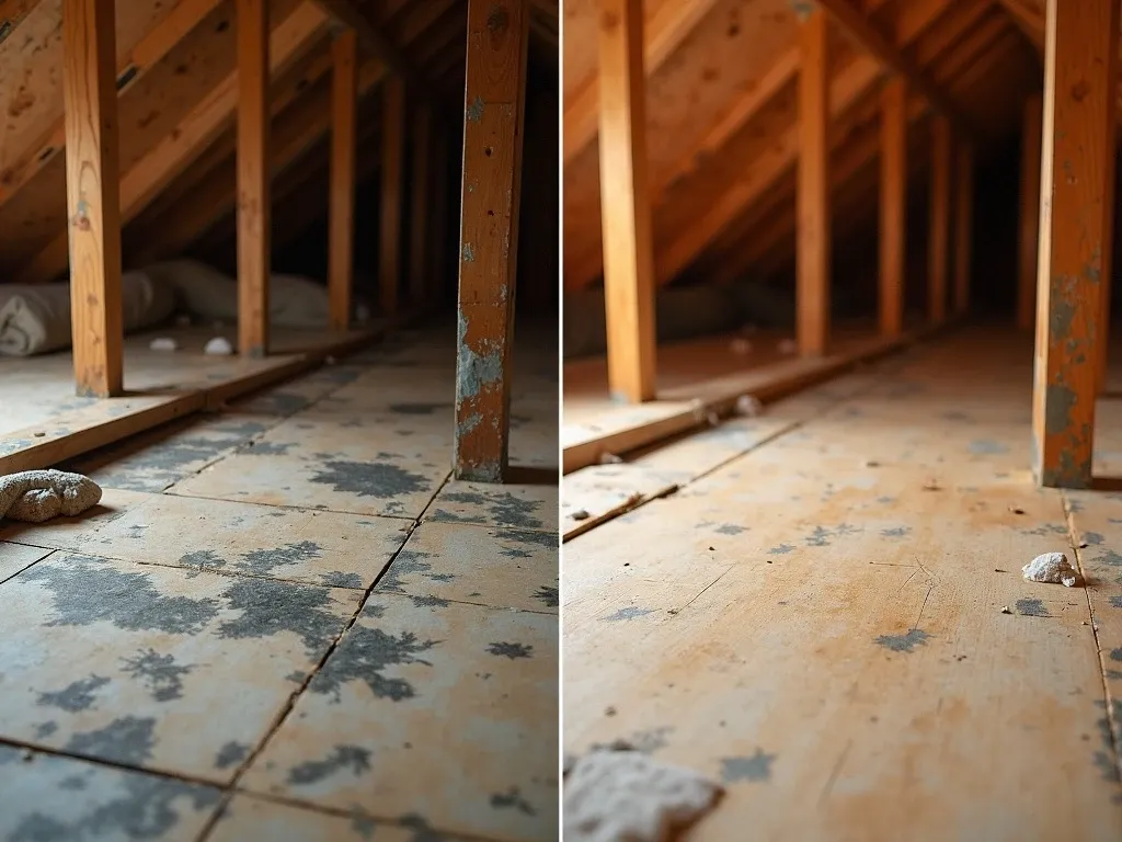 Phoenix attic roof decking before and after mold remediation: left side shows dark mold staining and discoloration across plywood and rafters, right side shows the same area cleaned with fresh bright wood and clean rafters, same angle and framing.