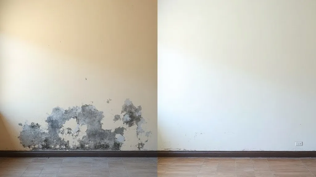 Interior wall section near a vent in a Phoenix home before and after mold remediation: left side shows dark mildew staining and discoloration around the vent and wall seam, right side shows the same section cleaned and repainted with clean bright surfaces, same angle and framing.