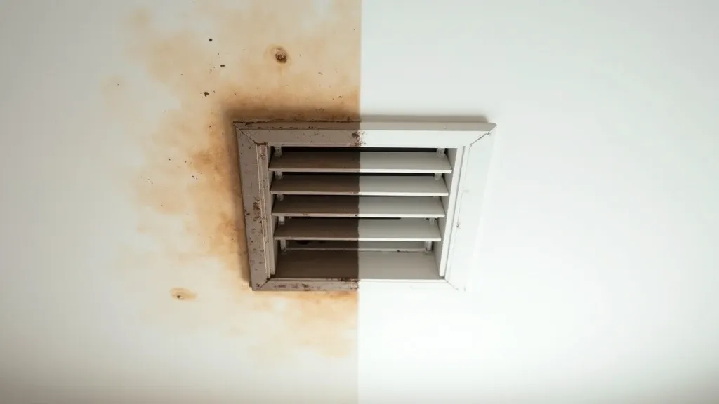 A ceiling around an AC vent shown before and after — brown stain and dark mold on the left, repaired and repainted clean white on the right.