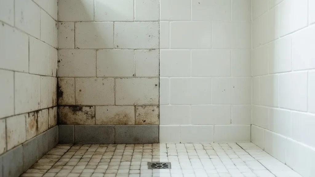 Split-screen before and after of the same shower corner: left shows dark mold on grout and caulk, right shows clean white grout and fresh caulk, identical angle and shower fixtures
