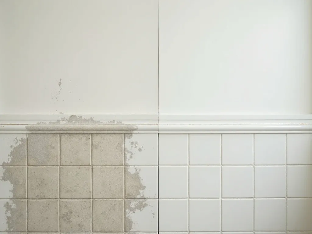 A single split-screen photo of the same bathroom wall section near tile grout: the left half shows gray powdery growth and dark spotting on the grout and lower wall, the right half shows the identical section cleaned and repainted with bright fresh surfaces, same camera angle and framing.