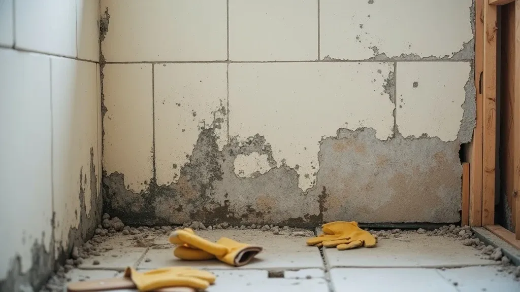 Exposed wall framing with black mold on wooden studs visible after tile removal, demolition scene with work gloves nearby, water damage staining on backer board