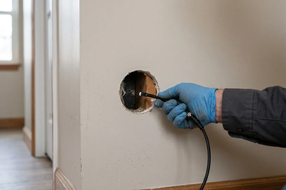 Close-up of a small inspection hole in painted white drywall with a boroscope camera cable being inserted by a technician's gloved hand, natural indoor light, no mold visible, honest inspection documentation scene.