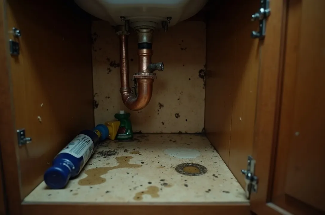 Under a kitchen sink cabinet, a copper supply line and shut-off valve dripping water onto warped particleboard with a small puddle, the back panel darkened and swollen with the first dark specks of mold, lit by a flashlight beam from the side.