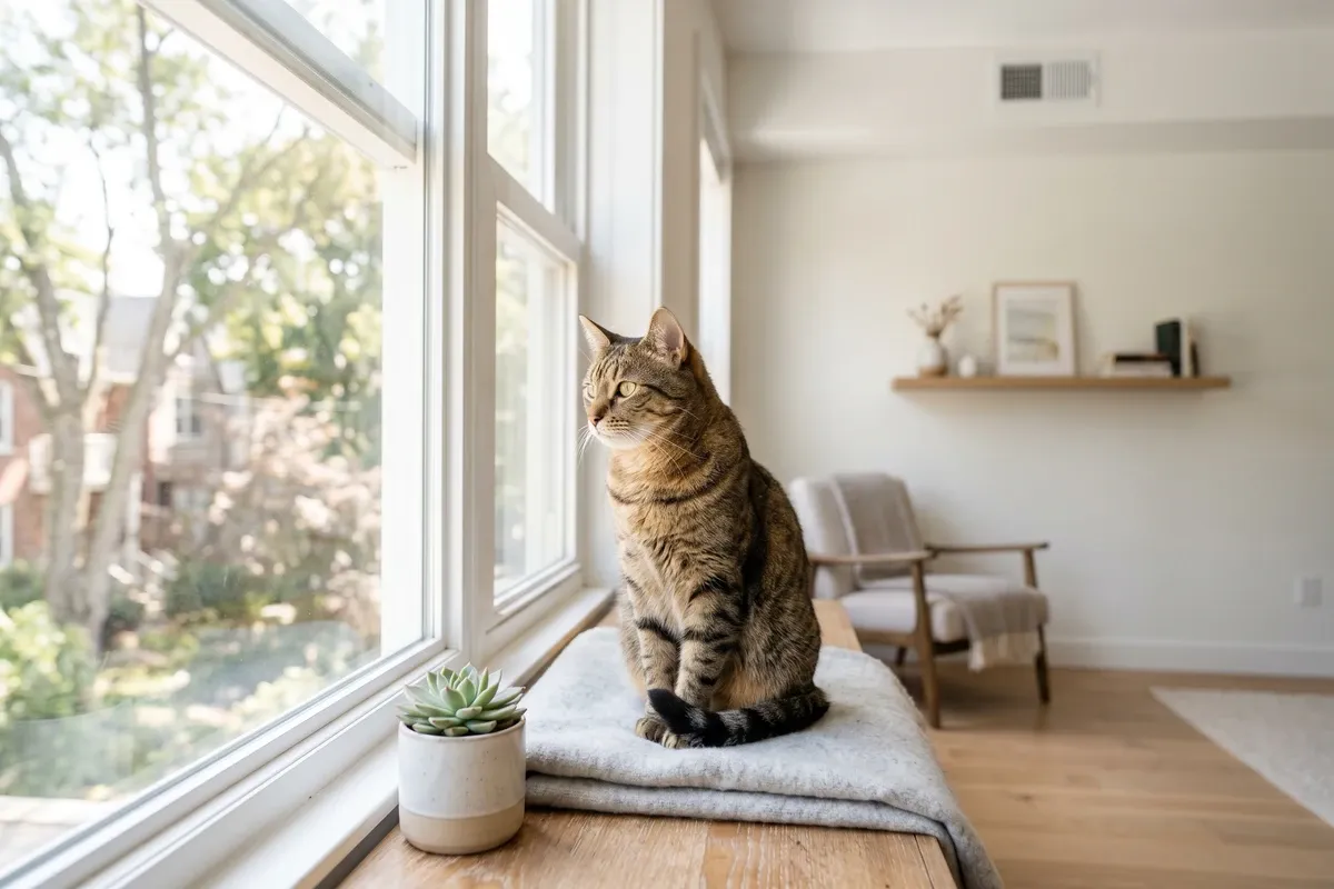 A cat sitting on a windowsill indoors, a ceiling AC vent visible in the background, sunshine coming through the window, clean interior.
