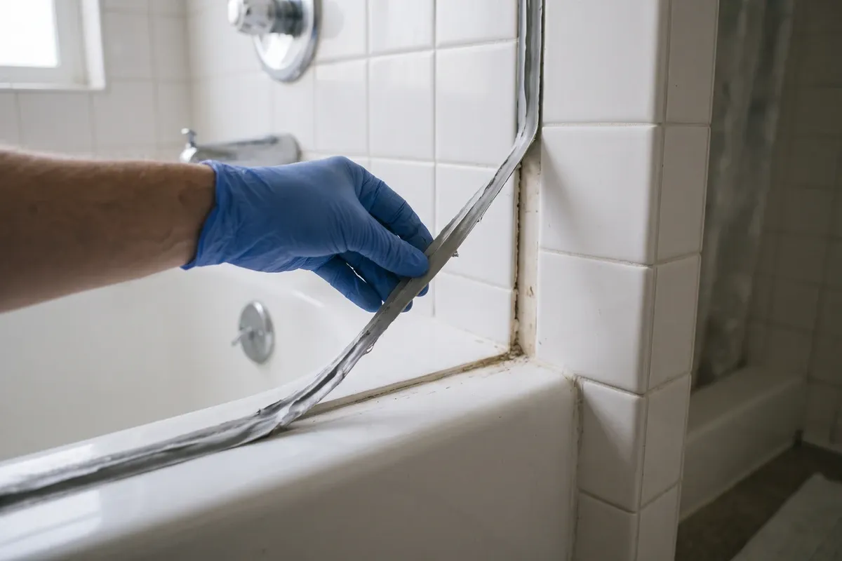 A blue-gloved hand peeling a long strip of old grey silicone sealant away from the joint between a bathtub rim and white wall tile, with dark residue visible along the opened joint