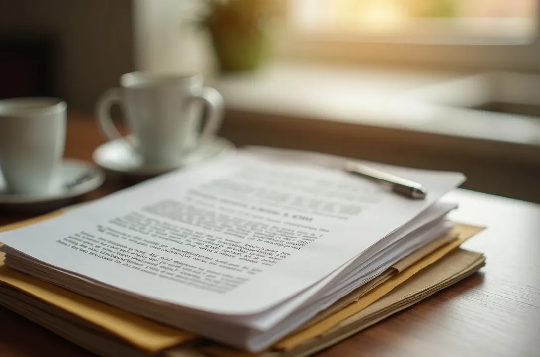 A stack of HOA governing documents on a kitchen table — a thick printed declaration and CC&Rs booklet, a smaller bylaws packet, a manila folder and a yellow legal pad with a pen, lit by warm morning window light.