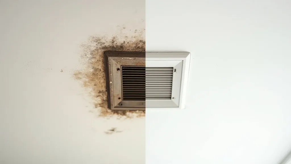 A Phoenix ceiling around an AC vent shown before and after — brown water stain and black mold on the left, repaired and repainted clean white on the right.