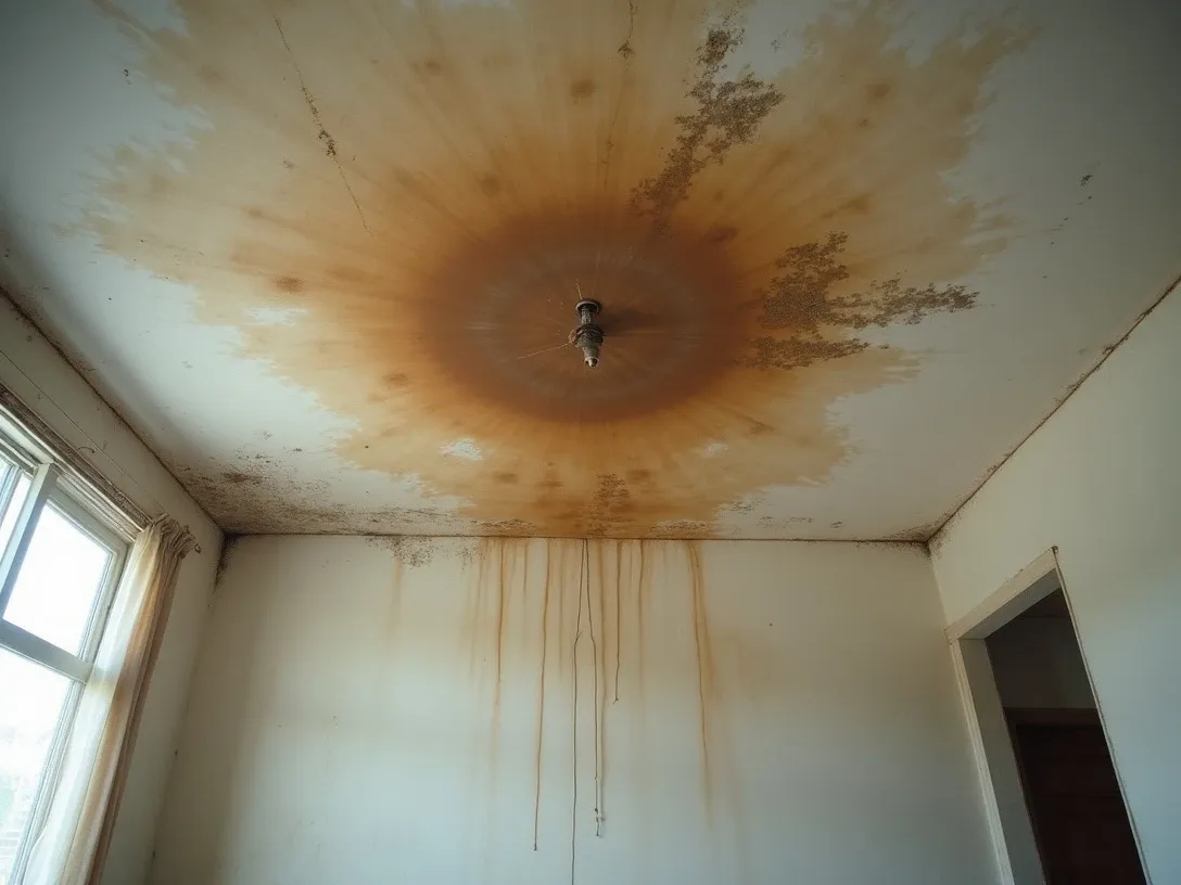 A large brown water stain spreading across a rental apartment ceiling below an upstairs unit, with paint bubbling and the early edges of mold forming, in an ordinary living room.