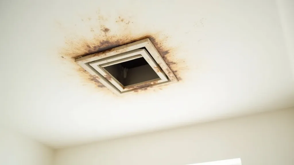 A white interior ceiling with a brown water stain and black mold spreading from an air-conditioning vent in a Phoenix home.