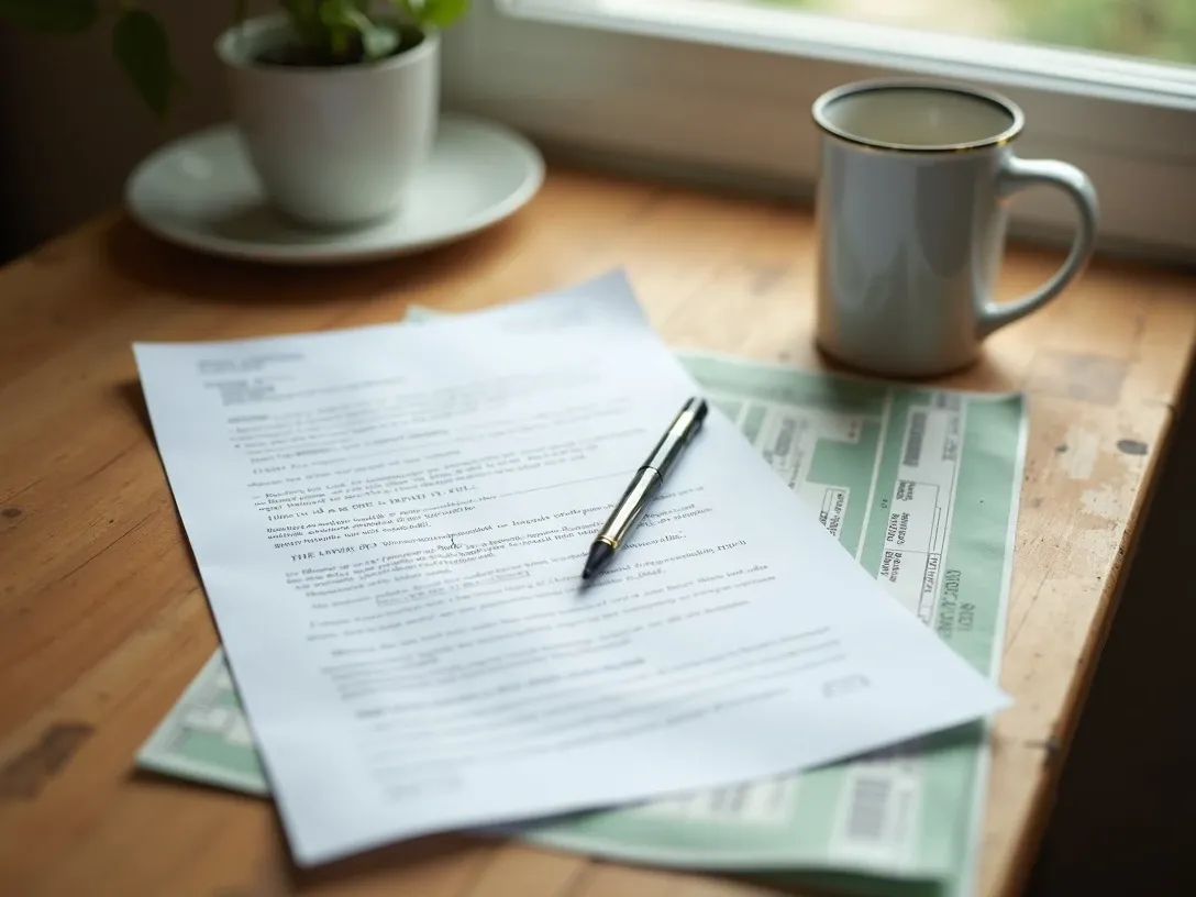 A printed written notice letter to a landlord and a green USPS certified mail receipt slip lying on a kitchen table next to a pen and a coffee mug.