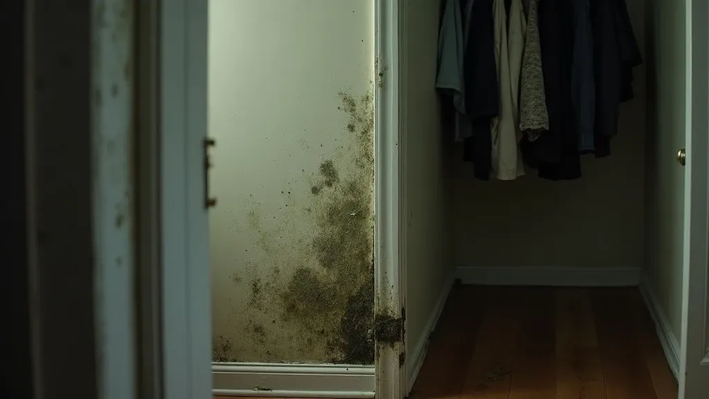 Back corner of a dim closet in a Phoenix home with dark mildew spotting on the wall behind stored boxes and hanging clothes, low available light.