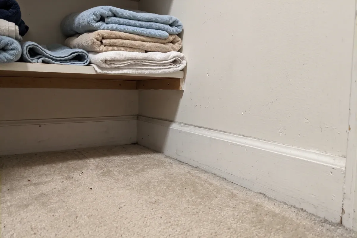The bottom corner of a bedroom closet, a faint thin grey line along the seam where the baseboard meets the wall, folded towels on a shelf above