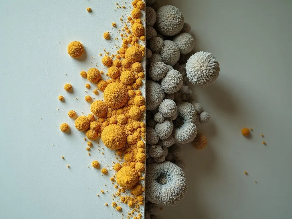 Extreme close-up comparison of two fungal textures side by side on a wall, flat powdery surface mildew on the left versus a deeper raised fuzzy colony on the right, available light, true-to-life muted color.