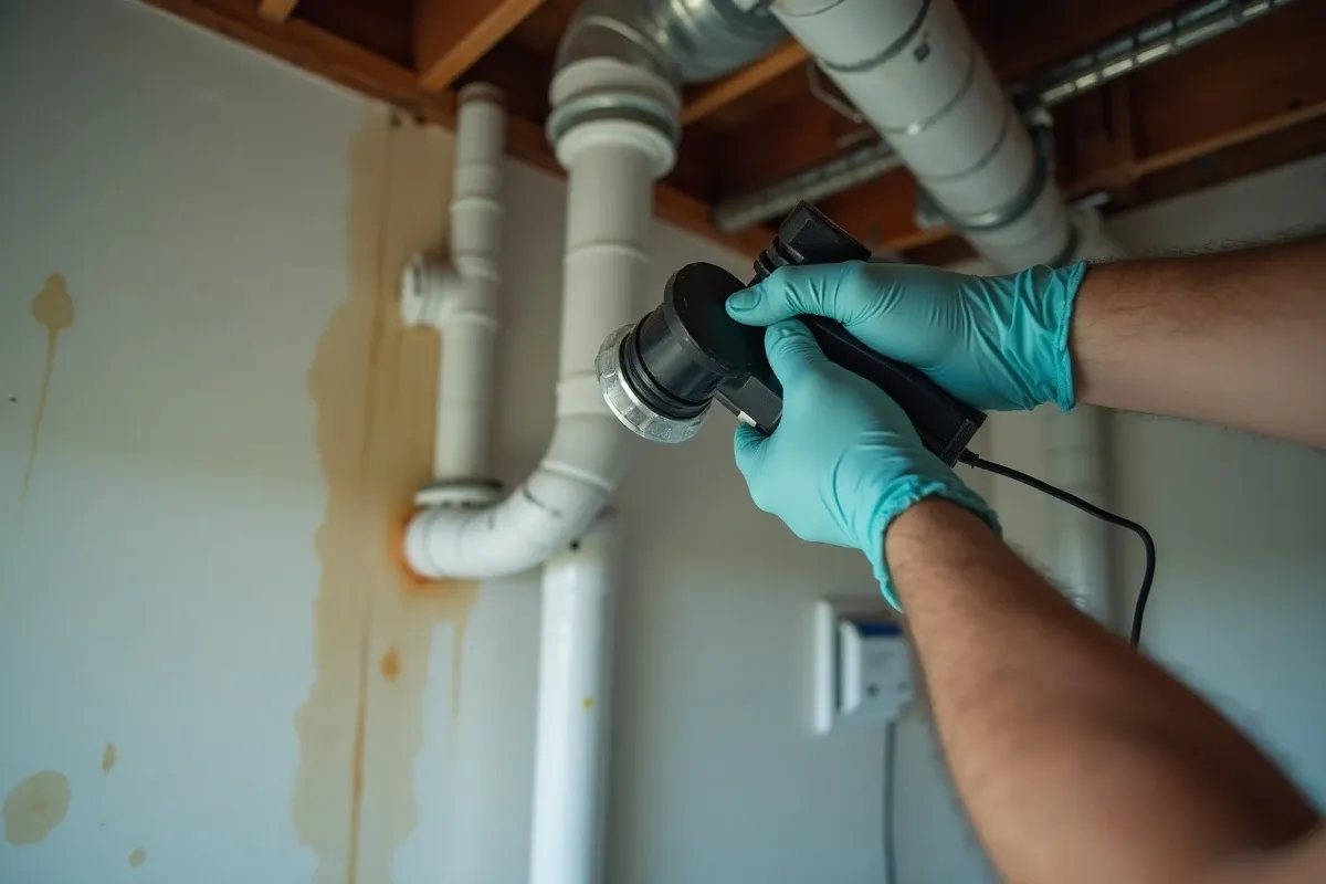 Gloved hand using a vacuum tool near a white PVC condensate drain line exiting an HVAC air handler unit in an indoor utility closet, drip stains visible on the wall below