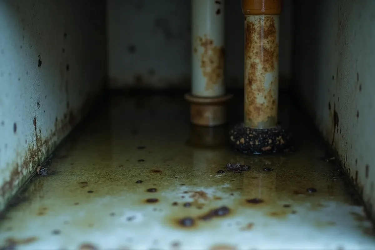 Residential air conditioner condensate drain pan inside an air handler unit showing standing water with dark algae growth and a PVC drain line partially clogged with debris