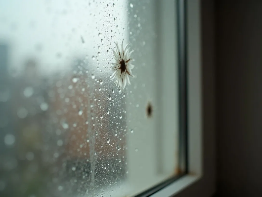 Condensation and water beads on the inside of a closed apartment window with small dark mildew spots forming near the frame in a poorly ventilated room.