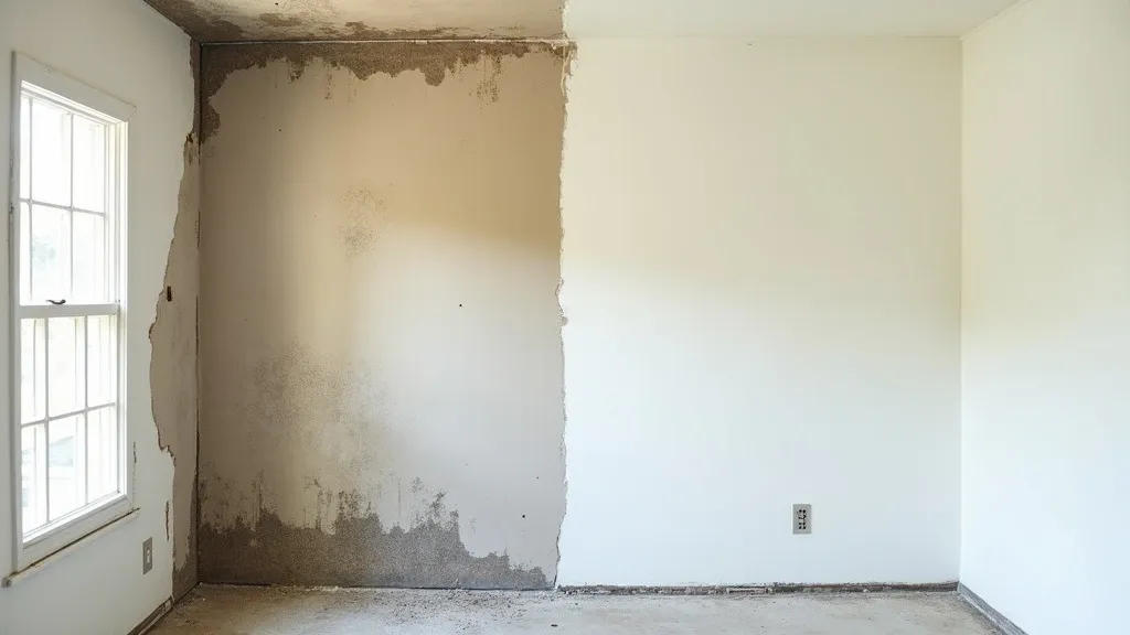 A mold job before and after — a wall opened to reveal hidden mold damage on the left; finished, rebuilt, and repainted on the right.