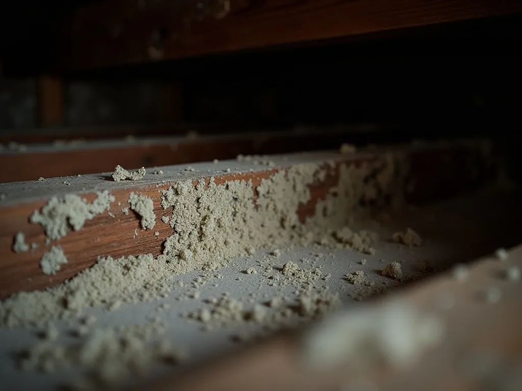 White mold growing on wooden floor joists and subfloor in a dim crawl space under a house.